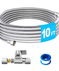 10-Foot Stainless Steel Braided Refrigerator Water Line Kit With Brass Ball Valve And Food Grade PEX Inner Hose
