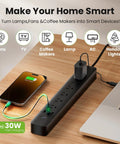 The Real Deal Smart Plug Power Strip With Six Individually Switched Outlets And Three USB Ports Offering Thirty Watt Fast Charge Surge Protector Alexa And Google Home Compatible Energy Monitor Six Foot Cord on desk with devices.