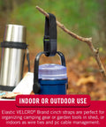 Elastic Cinch Straps With Buckle Two Pack For Cables And Gear holding a blue water bottle on a branch in outdoor setting