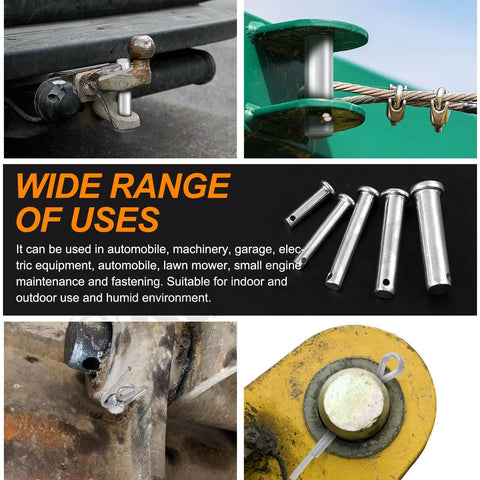 51 Piece Flat Head Clevis Pins Kit With 18 Sizes From M5 To M12 For Auto And DIY Projects Includes M5x25 To M12x50 Single Hole T Shape Round Pins displayed with applications