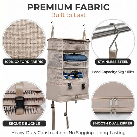 Travel Hanging Shelf Bag With 5 Tier Packing Cube Organizer Portable Folding Closet Storage Bag with mesh and hooks