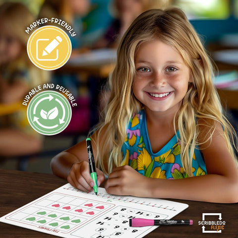 Child using flexible 9x12 inch small white dry erase sheets for math manipulatives with number bonds, classroom setting.