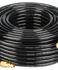 Built Tough 1/4 Inch Polyurethane Air Compressor Hose 100 Feet Long with Quick Connectors coiled in black.