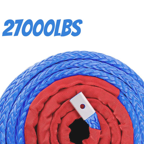 Close-up of Beefy Heavy Duty Synthetic Winch Rope Three Eighths Inch by Ninety Two Feet for SUVs, showing braided texture.