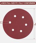 110 Pcs 6 Inch Round Hook And Loop Sanding Discs Set With 6 Hole Design, full-size fit shown with dimensions