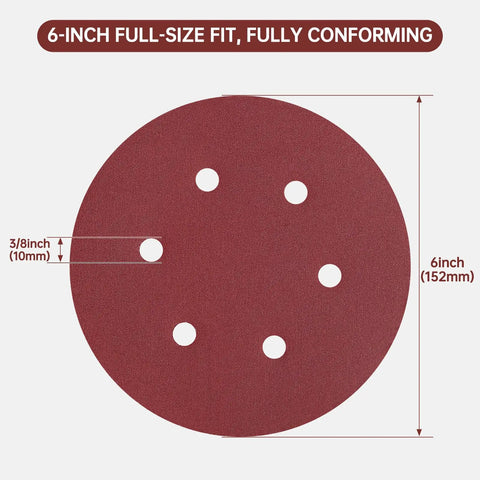 110 Pcs 6 Inch Round Hook And Loop Sanding Discs Set With 6 Hole Design, full-size fit shown with dimensions