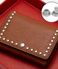 Copper Snap Fastener Kit For Leather Goods 100 Sets Silver Tone Metal Snaps Rivets And Buttons For Shoes Bags Wallets And Garments Multipurpose DIY Craft Upgrade For Leatherworking Projects on brown leather wallet