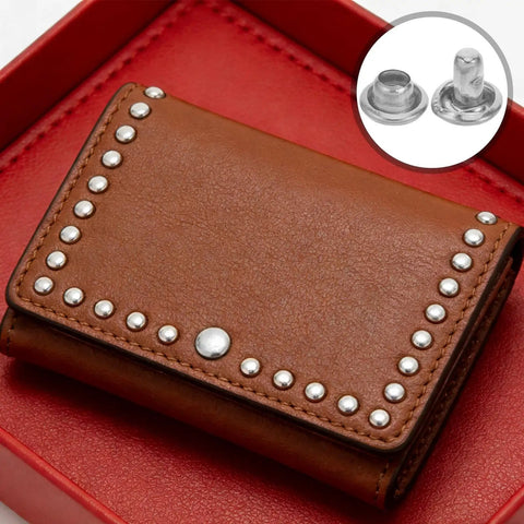 Copper Snap Fastener Kit For Leather Goods 100 Sets Silver Tone Metal Snaps Rivets And Buttons For Shoes Bags Wallets And Garments Multipurpose DIY Craft Upgrade For Leatherworking Projects on brown leather wallet