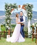 Couple under Wood Garden Arbor Archway Pergola 84 Inch Outdoor Structure With Decorative Hanging Roof at wedding ceremony