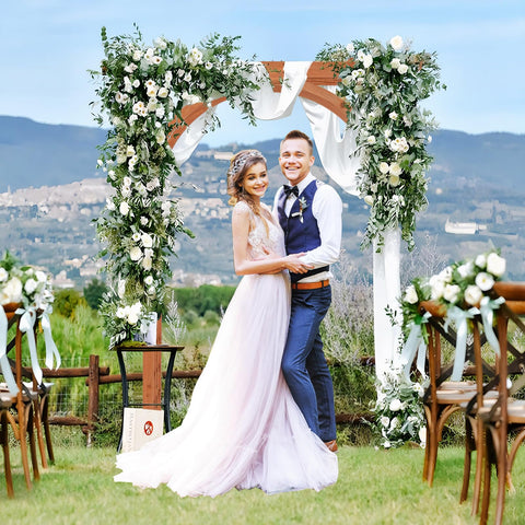 Couple under Wood Garden Arbor Archway Pergola 84 Inch Outdoor Structure With Decorative Hanging Roof at wedding ceremony