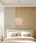 Plug In Wood Beaded Chandelier With 20 Foot Hanging Cord 3 Light Boho Farmhouse Ceiling Fixture For Bedrooms Rustic White Metal Finish