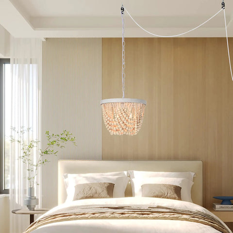 Plug In Wood Beaded Chandelier With 20 Foot Hanging Cord 3 Light Boho Farmhouse Ceiling Fixture For Bedrooms Rustic White Metal Finish