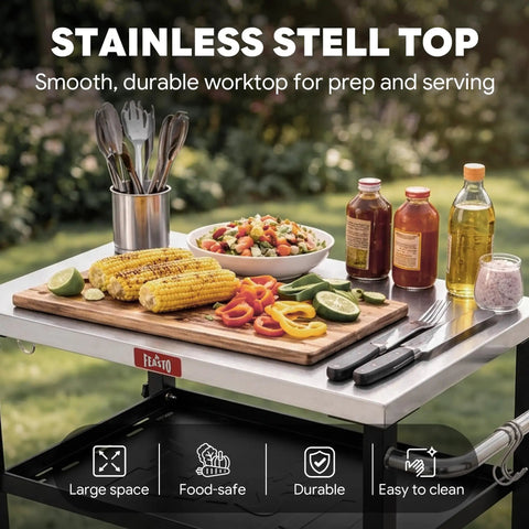 Three Tier Outdoor Grill Cart With Rolling Pizza Oven Table And Stainless Steel Top 26.6 By 16.1 Inches Heavy Duty Steel Stand For Pizza Ovens And Griddles Outdoor Bar Cart With S Hooks For Patio Parties Deck Dining And Camping featuring a stainless top with food ingredients.