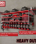 48 Inch Wall Mounted Power Tools Organizer Rack With Four Shelves Side Hooks And Drill Holders Heavy Duty Garage Workshop Storage For Up To 12 Tools Red, loaded with various tools.
