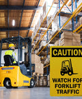 Built Like A Tank Heavy Duty Caution Watch For Forklift Traffic Safety Sign Rust Resistant Outdoor Aluminum Warning Plaque Easy Screw Mounting in an active warehouse.