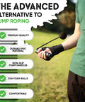 Person holding ropeless jump rope for indoor fitness and small spaces with 360 degree bearings, weighted EVA balls, and PVC handles.