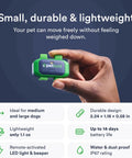 Dope Dog Gps Tracker With Real Time 4G Lte Location Tracking And Smart Geofence Alerts Waterproof Heavy Duty Build Fits Any Breed Features Long Lasting Battery Pairs Smoothly With Collars Requires Service Plan in hand, showing compact design.