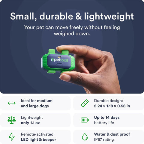 Dope Dog Gps Tracker With Real Time 4G Lte Location Tracking And Smart Geofence Alerts Waterproof Heavy Duty Build Fits Any Breed Features Long Lasting Battery Pairs Smoothly With Collars Requires Service Plan in hand, showing compact design.