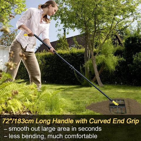 Person using Heavy Duty Lawn Leveling Rake with 72 Inch Long Handle and 31 Inch Head in garden