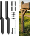Heavy Duty Fence Post Repair Kit 2 Pack Steel Anchor Stakes For 4x4 And 6x6 Wood Posts shown with hardware and installed mailbox post