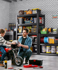 Built Like A Tank Five Tier Garage Shelving Rack With Hefty Steel Build For Boss Level Household Storage Adjustable Utility Organizer 600 Lb Capacity Black Multi Space Setup, in use with tools and supplies.