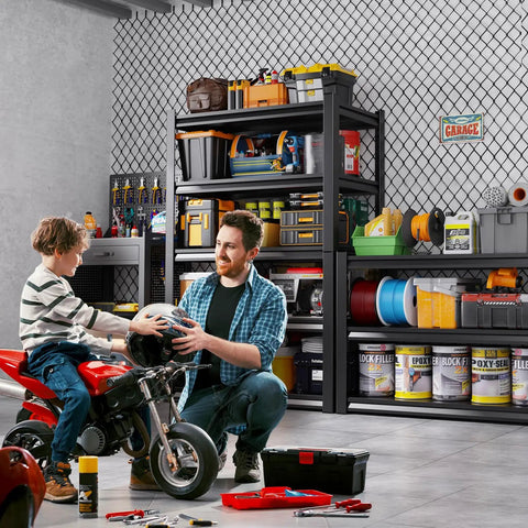 Built Like A Tank Five Tier Garage Shelving Rack With Hefty Steel Build For Boss Level Household Storage Adjustable Utility Organizer 600 Lb Capacity Black Multi Space Setup, in use with tools and supplies.