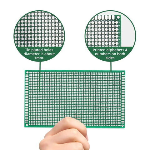 Person holding 10 Pack Double Sided FR4 PCB Boards 9x15 Cm Solderable Prototyping Boards For DIY Electronics with detail on holes and text.