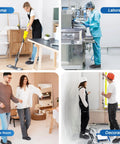 Collage showing Premium Disposable Extra Large Shoe Covers in use at home, laboratory, sample room, and during decoration work.