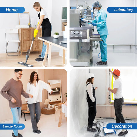 Collage showing Premium Disposable Extra Large Shoe Covers in use at home, laboratory, sample room, and during decoration work.