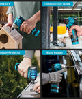 Kick Ass Cordless Drill And Brushless Impact Driver Power Tool Combo Kit For Home Diy Tasks, shown in use for various projects.
