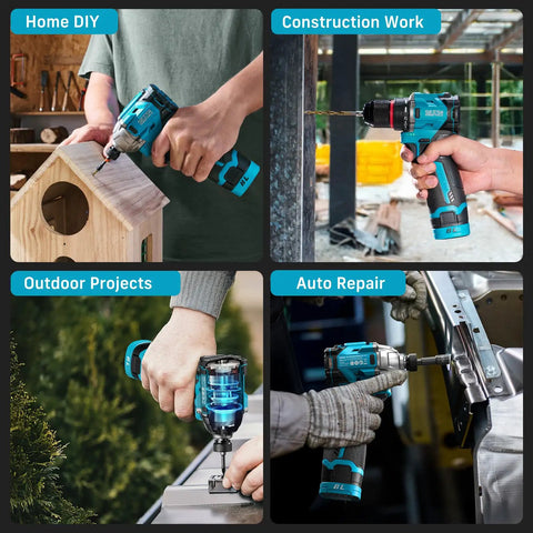 Kick Ass Cordless Drill And Brushless Impact Driver Power Tool Combo Kit For Home Diy Tasks, shown in use for various projects.