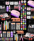All In One Acrylic Nail Kit For Beginners With 42 Colors Glitter Powder And Monomer Liquid Pro Grade UV LED Lamp Electric Nail Drill Practice Finger Rhinestones French Tips Glue Clippers Brush And Black Organizer Case displayed.