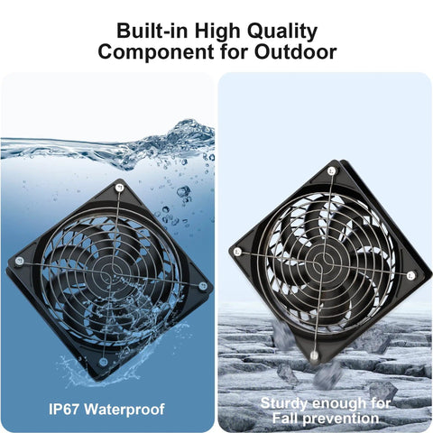 30W Solar Panel Vent Fan Kit For Small Chicken Coops, Greenhouses, Sheds, And Pet Houses, Weatherproof Outdoor Solar Exhaust Fan For Off Grid Ventilation IPX7 Waterproof Easy Install, showing IPX7 waterproof feature with water splash and sturdy design for fall prevention.