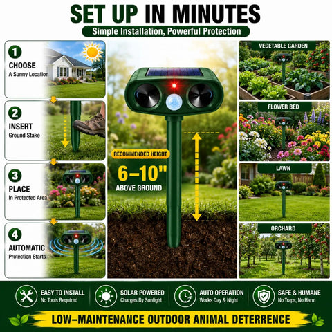 Two Pack Solar Ultrasonic Animal Repeller For Garden Outdoor Waterproof IP65 Motion Sensor Deterrent, 6-10 in stake