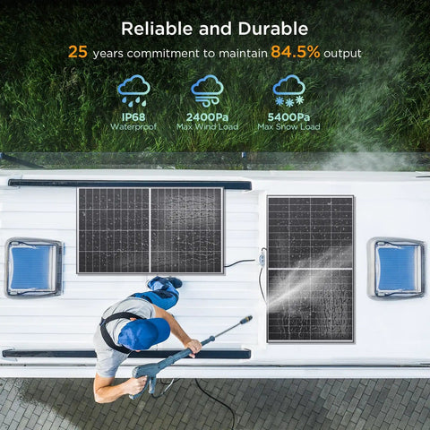 200W N-Type Bifacial Solar Panel 16BB High Efficiency, 2 Pack 12V Off-Grid Ready on rooftop with water resistance test