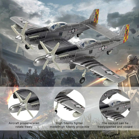 F-82 Twin Mustang 1:48 Scale Model Kit displayed in flight above WWII battlefield backdrop, highlighting aircraft propellers and cockpit details.