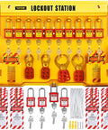 58 Piece Lockout Tagout Kit For Rock Solid Electrical Safety Featuring industrial padlocks and hasps on a wall-mounted lockout station.