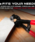 Glass Tile Nippers With Pro Grade Carbide Cutting Wheels cutting ceramic tile, red handles visible