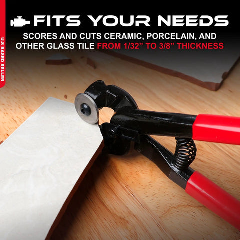 Glass Tile Nippers With Pro Grade Carbide Cutting Wheels cutting ceramic tile, red handles visible