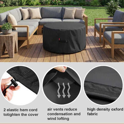 Beefed Up Round Fire Pit Cover For 30 To 36 Inch Pits, Waterproof 600D Oxford Fabric With PVC Coating, Weatherproof, Black
