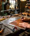 Set Of Four Beefy Steel Scribes With Dual Tapered Points For Straight Shooting Layout Marks On Wood Metal And Tile in a workshop with leather etching.