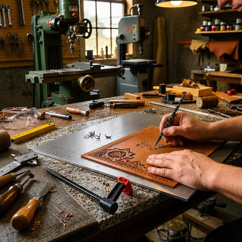 Set Of Four Beefy Steel Scribes With Dual Tapered Points For Straight Shooting Layout Marks On Wood Metal And Tile in a workshop with leather etching.