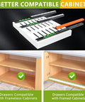 Two Pack Expandable Pull Out Cabinet Organizers 21 Inch Deep Skip The Drilling With Stick Tight Nano Tape Slide Out Drawer Shelves adjustable width compatibility with framed and frameless cabinets.