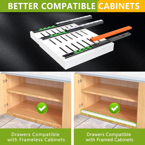 Two Pack Expandable Pull Out Cabinet Organizers 21 Inch Deep Skip The Drilling With Stick Tight Nano Tape Slide Out Drawer Shelves adjustable width compatibility with framed and frameless cabinets.