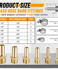 Product size chart showing Brass Hose Fittings Kit with barbs and NPT adapters alongside hose clamps for DIY plumbing and automotive projects