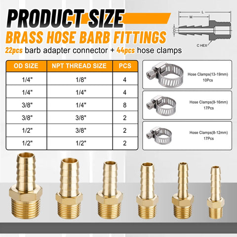 Product size chart showing Brass Hose Fittings Kit with barbs and NPT adapters alongside hose clamps for DIY plumbing and automotive projects