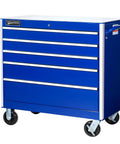 Extra Heavy Duty 5 Drawer Rolling Tool Cabinet Blue 42 Inch Featuring Triple Channel Wall And Ball Bearing Drawer Glides Plus 14 Gauge Steel Frame Interlock Corners Garage Workhorse Storage on wheels.