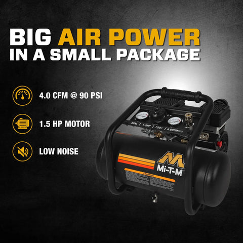 Mi-T-M 3 Gallon Portable Air Compressor Oil Free.1.5 HP Induction Motor4.0 CFM At90 PSI Quiet Operation For Impact Wrenches Grinders And Nailers Lightweight Professional Tool Easy To Carry Anywhere