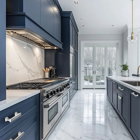 Modern kitchen with navy cabinets featuring 20 Pack Brushed Nickel Cabinet Pulls 5 Inch Solid Zinc Alloy Drawer Handles