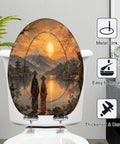 Elongated Mount Sunset Landscape Cherry Blossoms Traditional Toilet Seat featuring a scenic mountain view design and soft-close hinge.